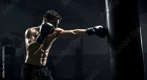 Un boxeador entrenando en el gimnasio, golpeando un saco pesado.