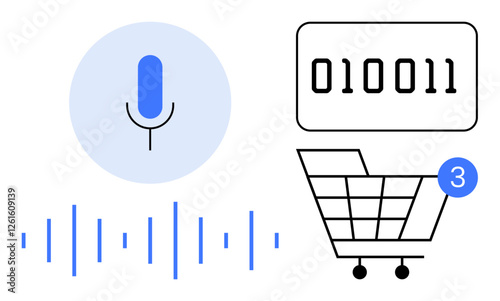 Microphone icon with sound waves representing voice command, binary code, shopping cart with three notifications. Ideal for e-commerce, AI, digital marketing, voice recognition, tech innovation