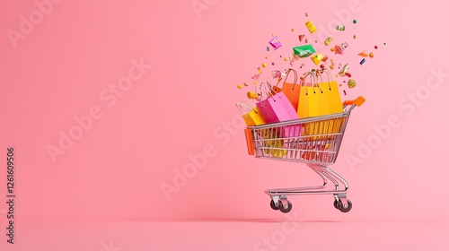 Colorful shopping cart overflowing with vibrant gifts and decorations against a pink background