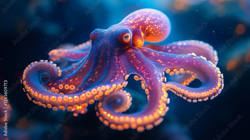 Obraz premium Ancient octopus with glowing tentacles in a prehistoric underwater setting, symbolizing deep-sea discovery. 