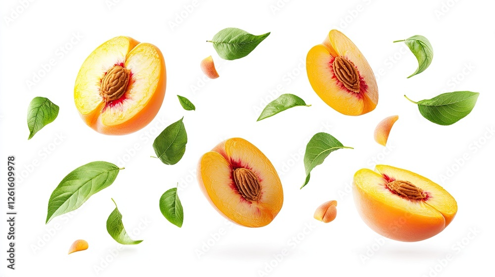 Fresh peach slices and leaves floating in mid-air against a clean white background Fresh peach slices and leaves floating in mid-air against a clean white background