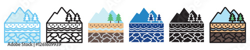 Aquifer multi-style icon, outline, flat, glyph, dual tone, line color, UI, UX kit, app and web development, digital or print. For industry, education, ecology, environment, water treatment theme.