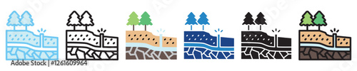 Aquifer multi-style icon, outline, flat, glyph, dual tone, line color, UI, UX kit, app and web development, digital or print. For industry, education, ecology, environment, water treatment theme.