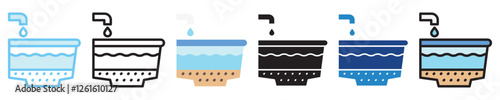 Basin multi-style icon, outline, flat, glyph, dual tone, line color, UI, UX kit, app and web development, digital or print. For industry, education, ecology, environment, water treatment theme.