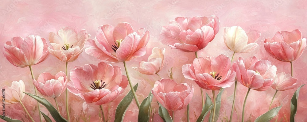 Soft pink tulips in full bloom against a gentle pink background, perfect for spring-themed banners or greetings Soft pink tulips in full bloom against a gentle pink background, perfect for spring-themed banners or greetings