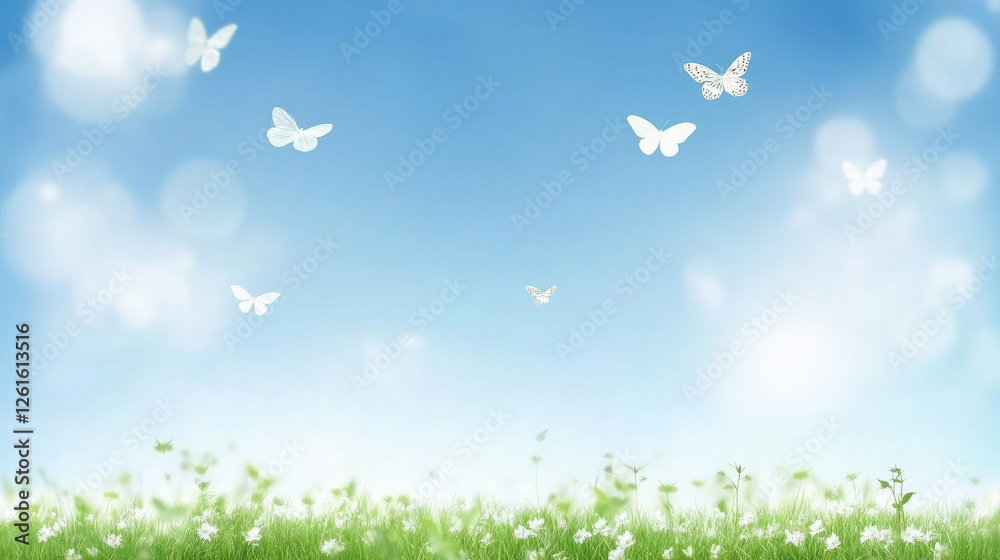 Butterflies flutter over grassy field under clear blue sky Butterflies flutter over grassy field under clear blue sky