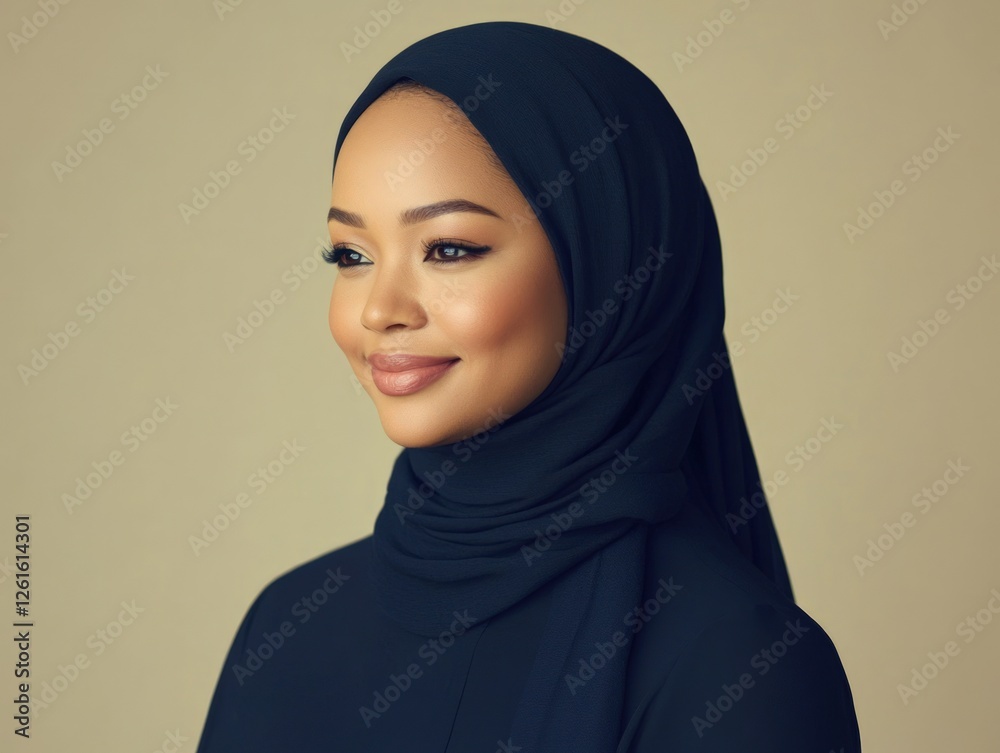 Studio Portrait of a Woman in Dark Blue Head Covering Studio Portrait of a Woman in Dark Blue Head Covering