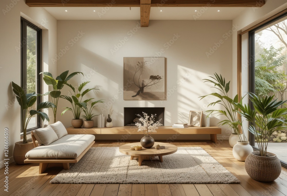 Fototapeta premium Stylish minimalist living room design modern home interior decor cozy environment natural light serenity concept for relaxation