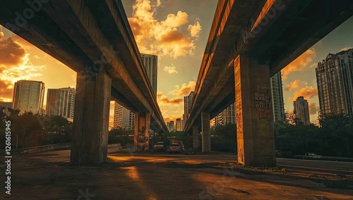Urban Sunset Under Elevated Highway