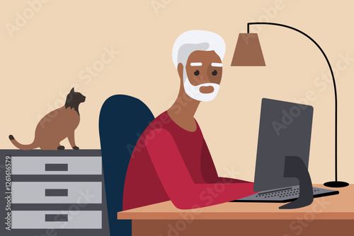 Elderly man working on computer from home