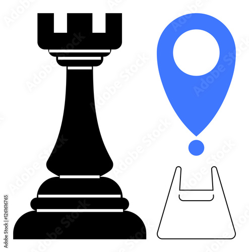 Chess rook beside a blue location marker and a simplistic base outline. Ideal for strategy planning, navigation, positioning, travel, leadership, guidance, and decision-making themes. An abstract