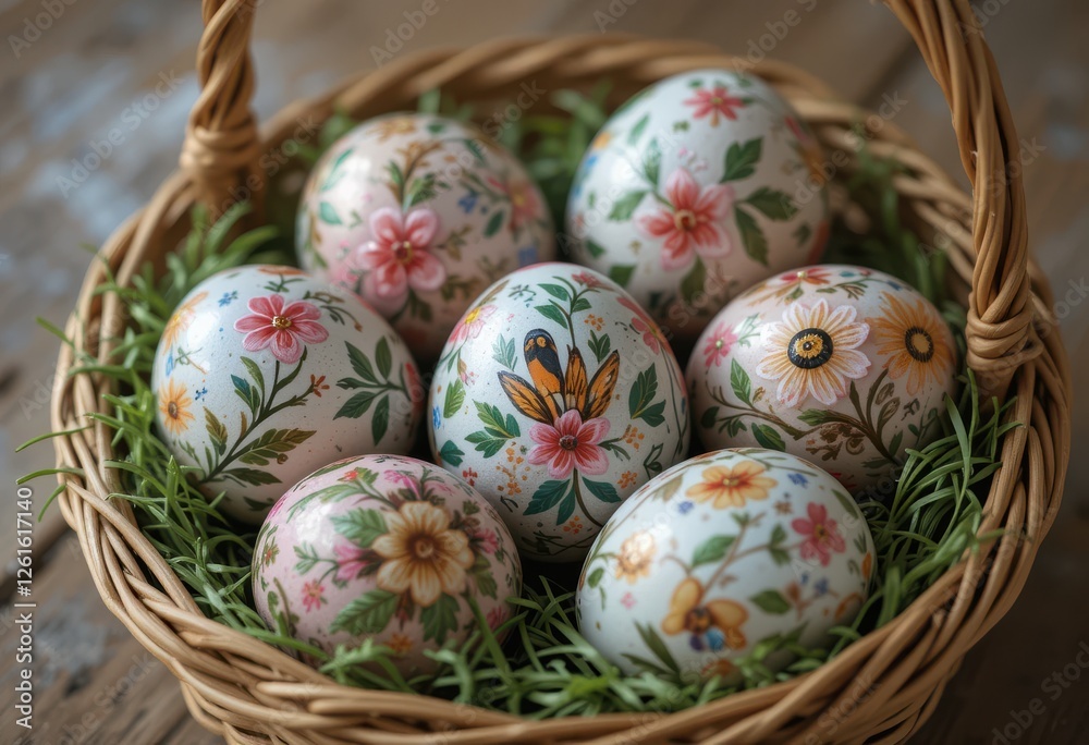 Colorful hand-painted easter eggs in a rustic basket spring celebration decorative art natural setting close-up view festive spirit Colorful hand-painted easter eggs in a rustic basket spring celebration decorative art natural setting close-up view festive spirit