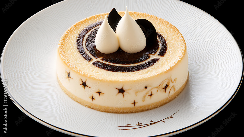 Delicious Small Round Cream Cheese Cake with Dark Chocolate Decoration on a White Plate Tasty Dessert Delicious Small Round Cream Cheese Cake with Dark Chocolate Decoration on a White Plate Tasty Dessert