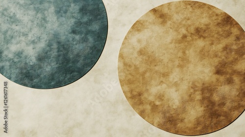 Two textured circles subtly contrast warm earthy tones with cool teal hues under soft light. AI Generated photo