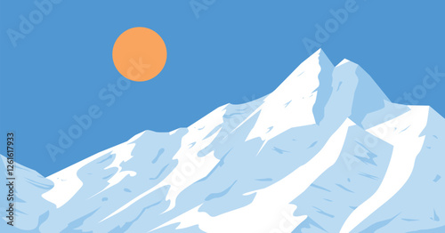 Snowy Mountain Landscape, mountain peak with sun, and blue sky