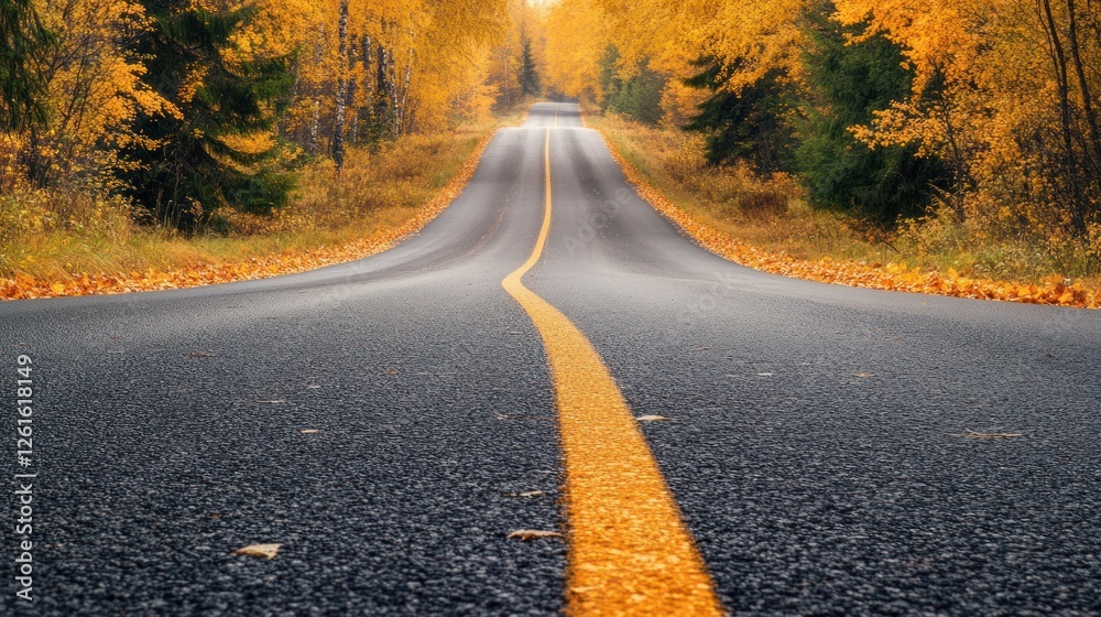 Fototapeta premium A winding road through a vibrant autumn landscape with colorful foliage.
