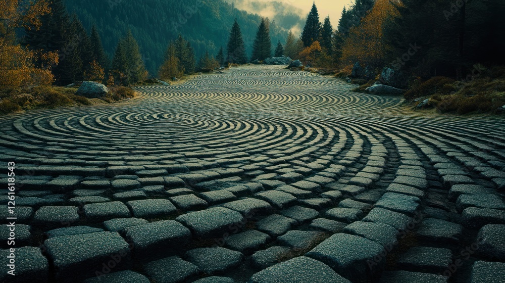Fototapeta premium A winding stone path through a forest, creating a serene and meditative atmosphere.