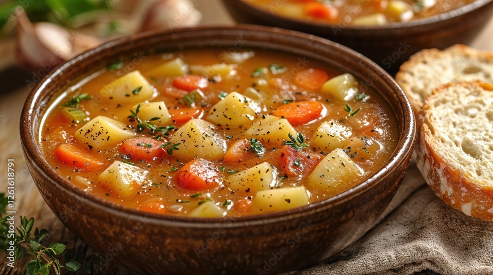 A hearty vegetable stew filled with colorful carrots, potatoes, and herbs, paired with a slice of warm, crusty bread, creates a comforting atmosphere perfect for sharing during chilly evenings. A hearty vegetable stew filled with colorful carrots, potatoes, and herbs, paired with a slice of warm, crusty bread, creates a comforting atmosphere perfect for sharing during chilly evenings.