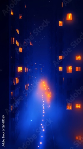 A glowing alleyway in a futuristic city illuminated by lantern-like lights on tall buildings, creating a mysterious and atmospheric vibe