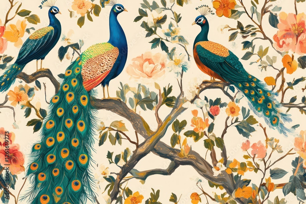 Fototapeta premium A harmonious blend of colorful peacocks and birds amidst vibrant floral botanical elements in a hand-painted retro wallpaper design. 
