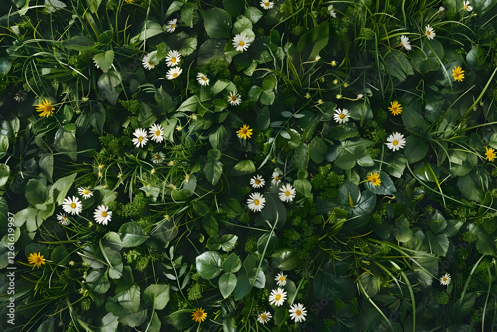 green grass, adorned with full blooming white daisies and yellow dandelions, capturing the essence of a lively spring lawn green grass, adorned with full blooming white daisies and yellow dandelions, capturing the essence of a lively spring lawn