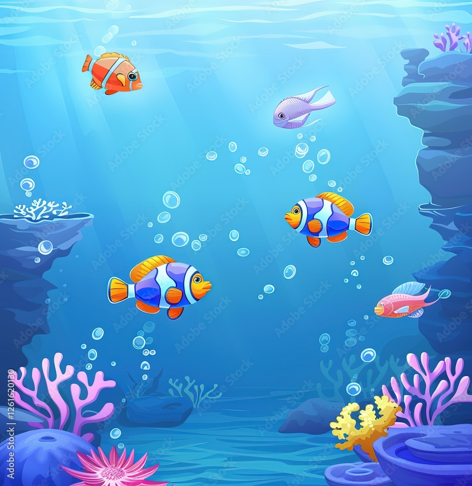 Naklejka premium The tranquil underwater world depicted in blue illustration is suitable for educational purposes, artistic creation backgrounds, and design.