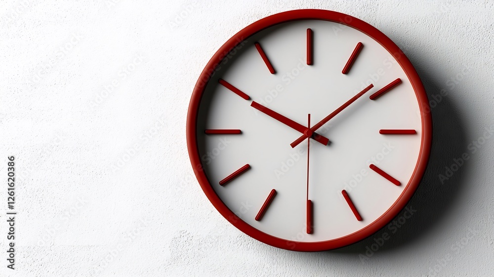 Red Clock With White Minimalist Dial On Rough White Wall Surface Red Clock With White Minimalist Dial On Rough White Wall Surface