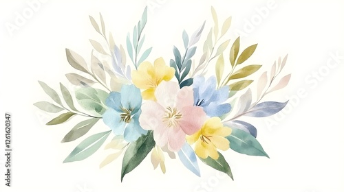 Watercolor floral bouquet features soft pastel colors on white background