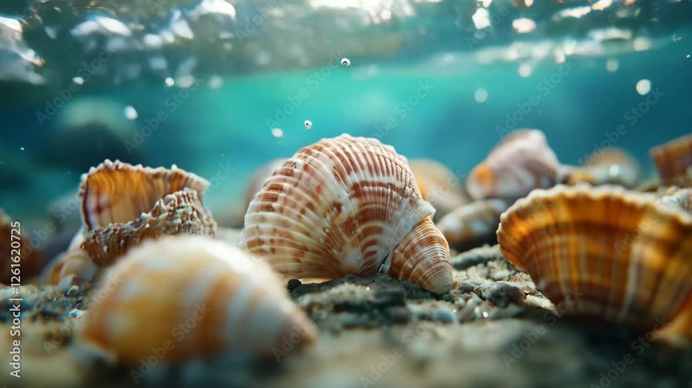 Sunlight penetrating turquoise waters, casting golden rays across seabed, softly illuminating scattered seashells resting on sandy marine floor Sunlight penetrating turquoise waters, casting golden rays across seabed, softly illuminating scattered seashells resting on sandy marine floor
