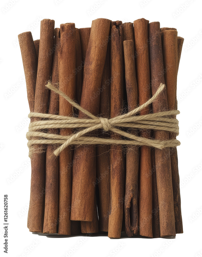Bundle of cinnamon sticks tied with twine against white background, aromatic spice concept Bundle of cinnamon sticks tied with twine against white background, aromatic spice concept