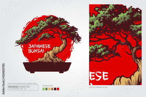 Japanese Bonsai Vector Logo Template. Illustration this beautiful tree is a symbol of life, strength a good health.