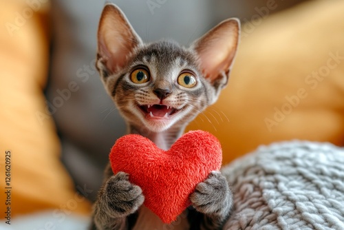 Cute lykoi feline infant with domestic animal toy red heart at cozy residence. Lykoi - my cherished cat, symbol of care. Marketing domestic animal conceptual art. Cat and roses romance.