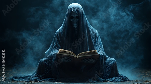 Grim Reaper Reading Book in Smoky Atmosphere for Halloween Concept