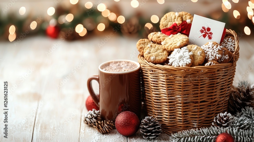 Cozy holiday scene featuring a basket of cookies and a mug of hot chocolate with festive decor Cozy holiday scene featuring a basket of cookies and a mug of hot chocolate with festive decor