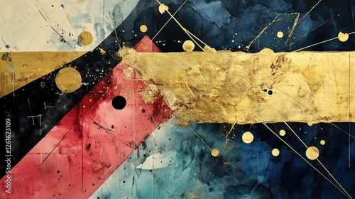 Abstract artwork featuring bold colors, geometric shapes, and metallic accents.