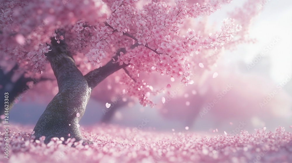 Obraz premium Pink cherry blossoms falling on ground.