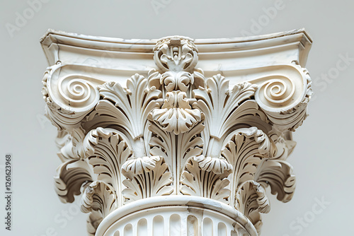 artistic column design, the corinthian column, adorned with detailed acanthus leaf designs, is showcased in an abstract style, highlighted by sharp angles and precise curves against a pristine white