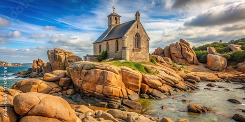 Chapel of St Guirec between rocks on the coast of Brittany photo