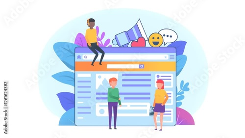 2d animation of small people standing near big web page and holding various social media icons, SMM management or web development team