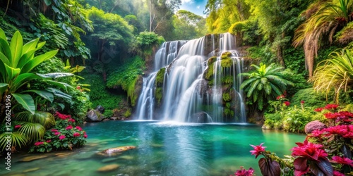 Lush tropical plants surrounded by vibrant greenery and exotic flowers surrounding a majestic waterfall with crystal clear waters cascading down the rocky face, botanicals, nature