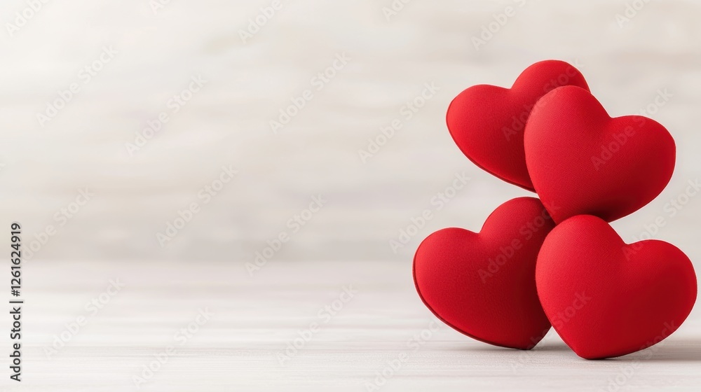 Fototapeta premium Four plush red hearts are stacked together on a light wooden surface, evoking feelings of love and affection.