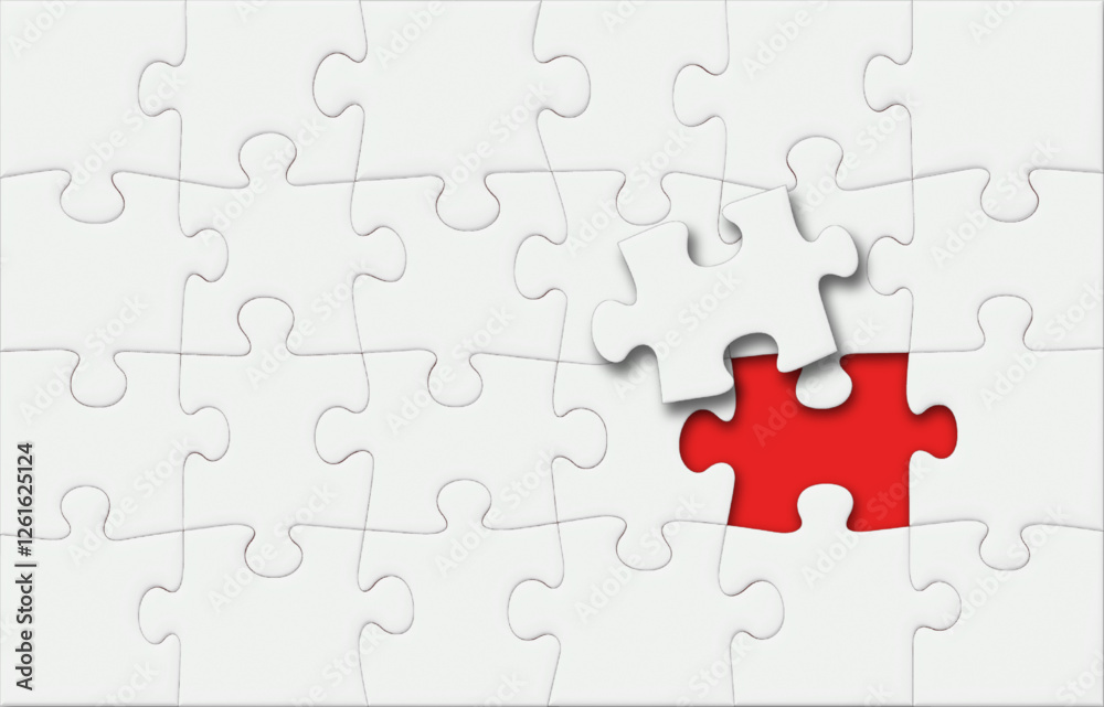 White Puzzle Pieces Jigsaw with One Last Missing Piece on Top and Red Background, Vector 3D Effect with Shadows White Puzzle Pieces Jigsaw with One Last Missing Piece on Top and Red Background, Vector 3D Effect with Shadows