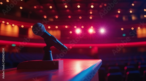 A podium on stage at an academic conference with a lecturer presenting research papers