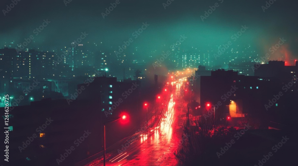 Fototapeta premium City Road Illuminates with Red Lights at Night, Urban Dream and Foggy Night.