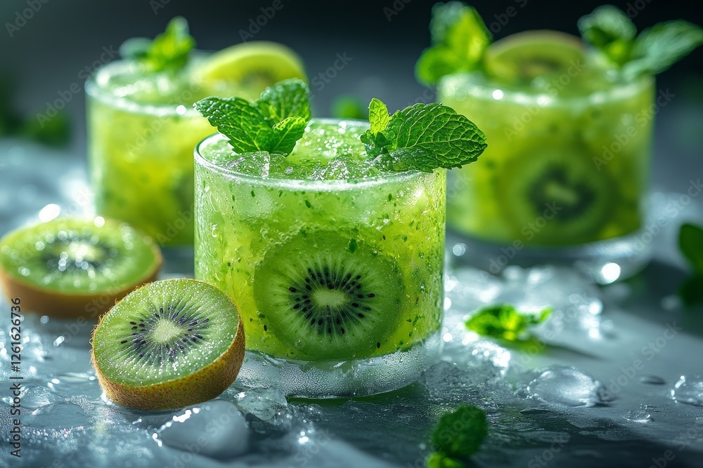 Fototapeta premium Refreshing kiwi mint drinks, ice, summer
