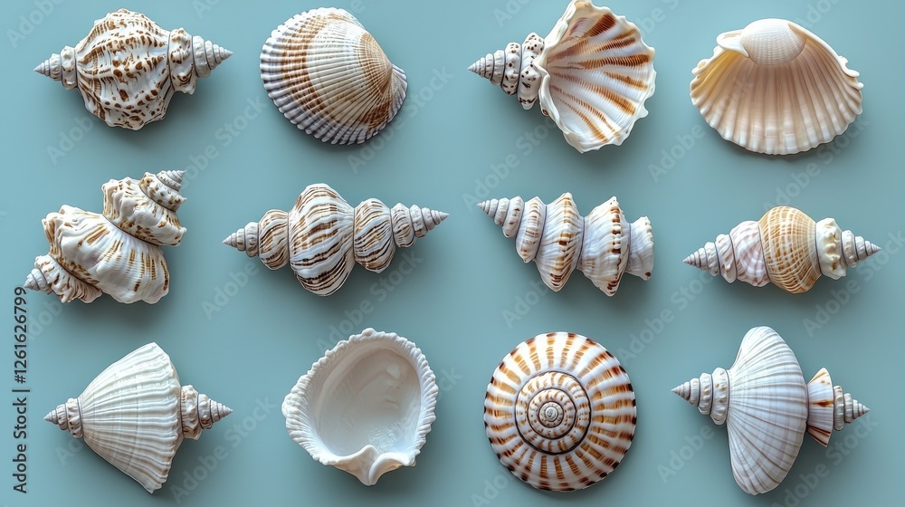 A collection of various seashells arranged artistically on a light blue background A collection of various seashells arranged artistically on a light blue background