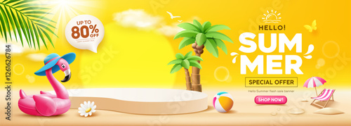 Summer sale podium display, Pink flamingo inflatable swimming pool, coconut trees, pile of sand, beach umbrella, banner design, cloud and sky on yellow background, EPS 10 vector illustration