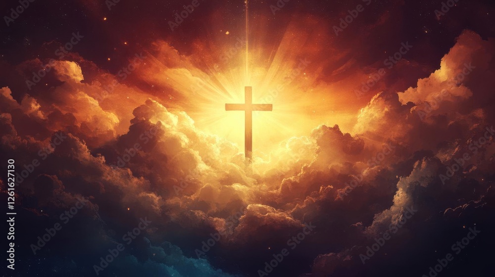 Fototapeta premium Cross rises above clouds with divine light and spiritual hope shining through the heavens.