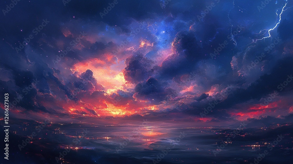 Dramatic sunset sky with lightning, stars, and city lights reflected in water. Dramatic sunset sky with lightning, stars, and city lights reflected in water.