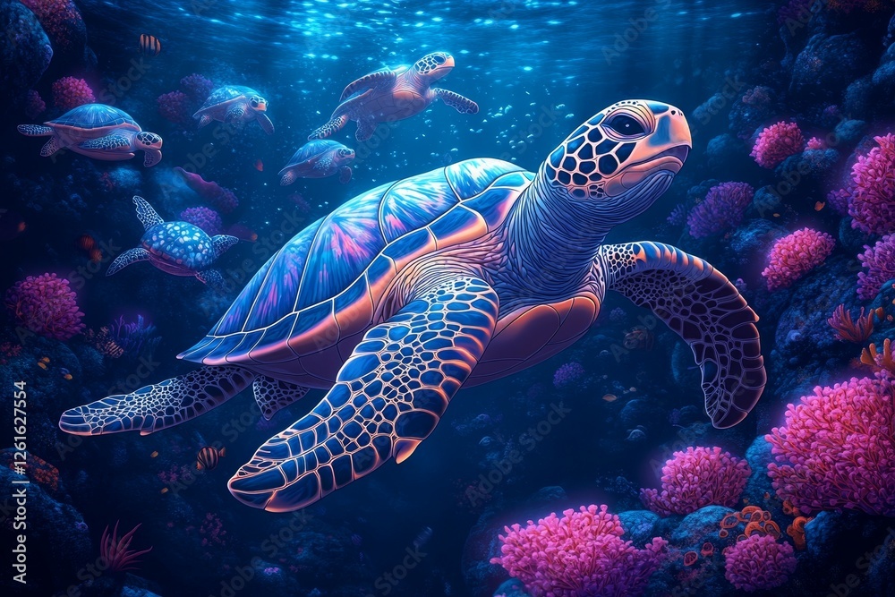 Fototapeta premium Sea turtle family swims coral reef, ocean